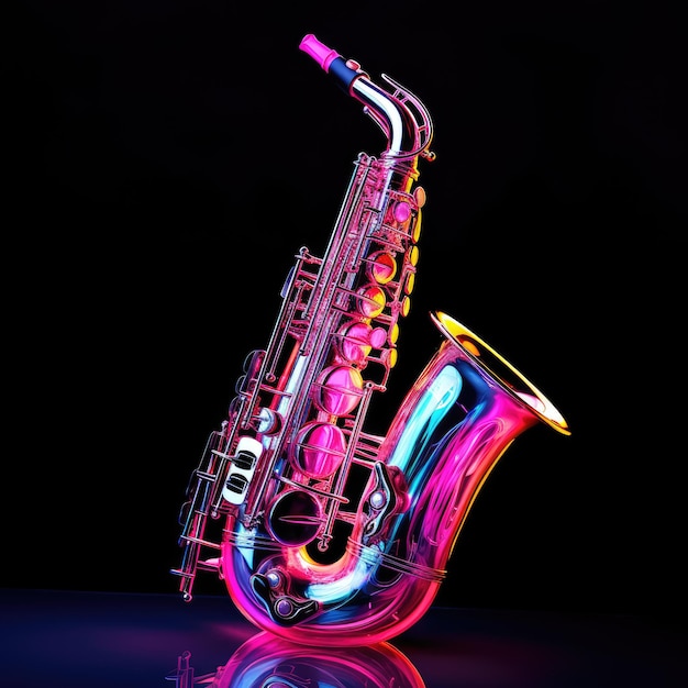 Surreal glass saxophone emitting colorful musical notes