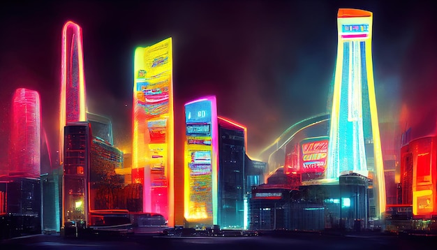 Surreal glowing metropolis Fantastic city of the future Alternative reality Digital illustration Generative Ai
