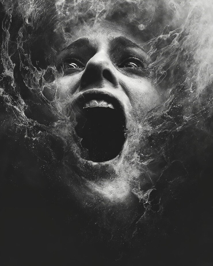 Photo a surreal haunting image of a womans face emerging from a chaotic ocean