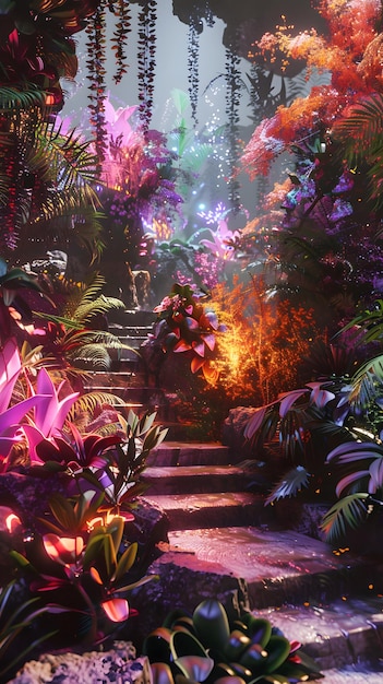 Surreal Holographic Garden with Vibrant Plant Life