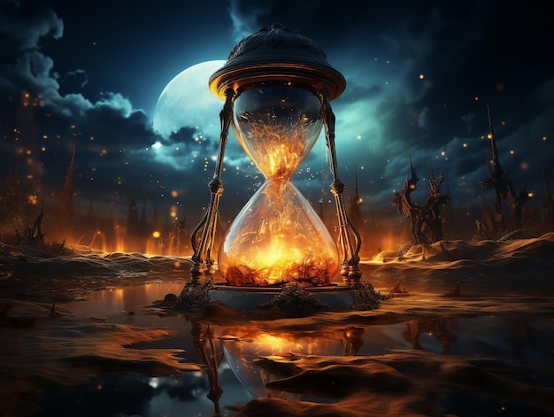 Surreal hourglass standing in a celestial cemetery gateway to hell beneath a galaxy filled night