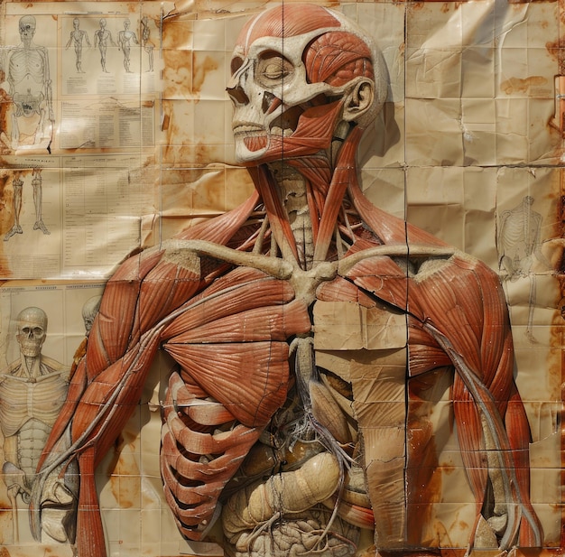 写真 古代の紙に描かれた超現実的な人体地図