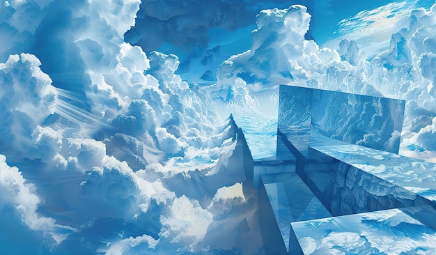 Surreal ice landscape with geometric shapes against a cloudfilled sky