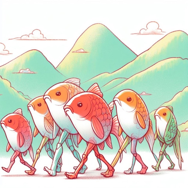 Сюрреалистическая иллюстрация группы рыб с птичьими ногами, блуждающих по красочной стилизованной горной местности под мягким небом, изображающая смесь фантазии и природы в пастельных оттенках