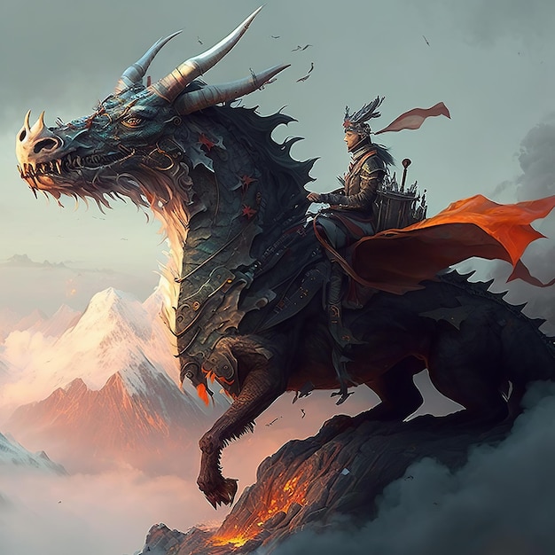 Surreal illustration of a knight riding a huge dragon