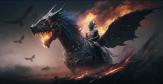 Surreal illustration of a knight riding a huge dragon