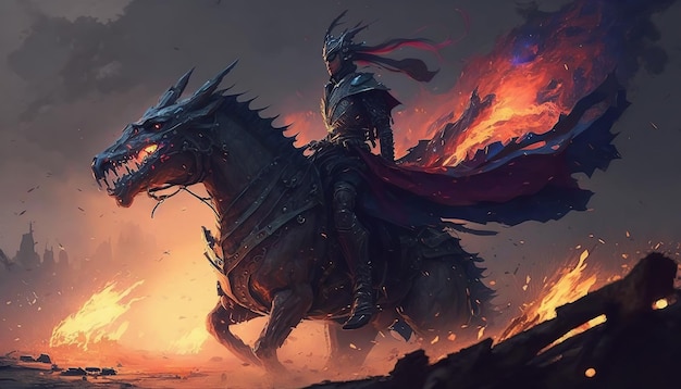 Surreal illustration of a knight riding a huge dragon