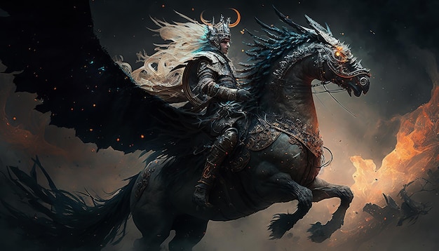 Surreal illustration of a knight riding a huge dragon