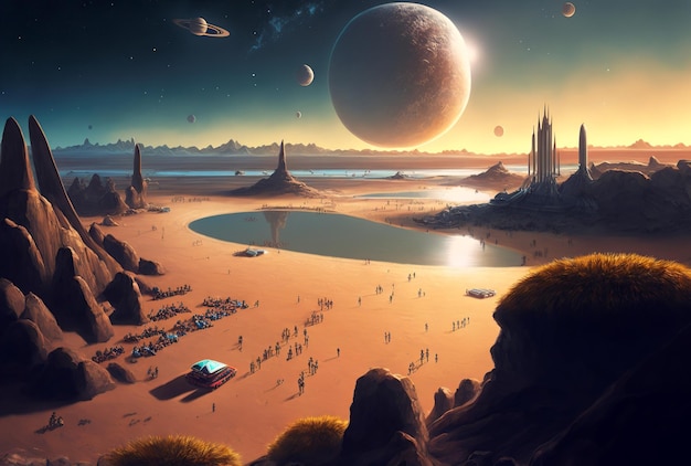 a surreal illustration tourism and beach alien planet image by AI