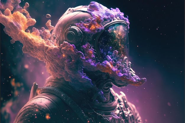 Surreal image of astronaut with floating intrinsic iridescent in nebula