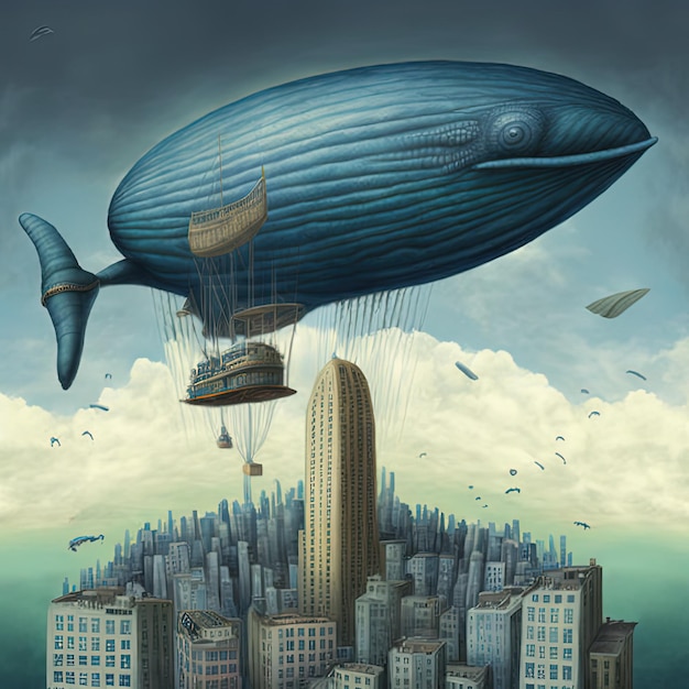 Surreal image of a a blue whale as a hot ballon flying above a city