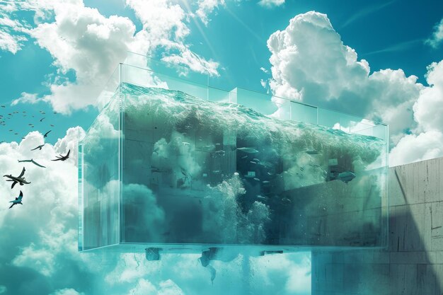 Foto un'immagine surreale di un edificio nel cielo un'immagine surealista di un pool di dati che rappresenta lo stoccaggio con sia nas che cloud che si tuffano in esso generato da ai