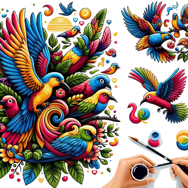 surreal image of colorful birds being drawn