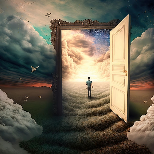 Surreal image of a dream inside a dream with open door to\
another dimension