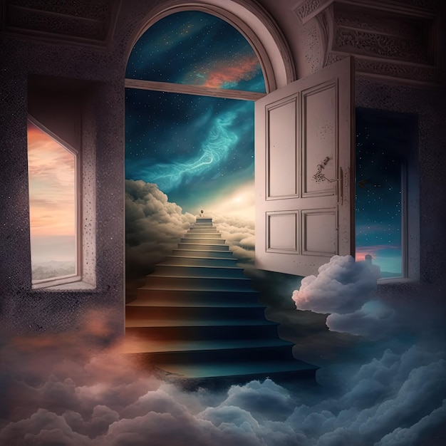 Surreal image of a dream inside a dream with open door to another dimension