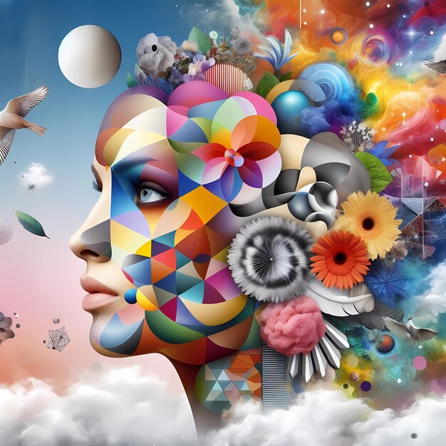 A surreal image of a face with different elements and colors