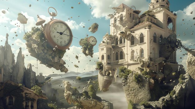 Photo surreal image of a floating castle with overgrown plants and flying clocks