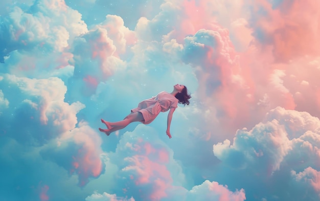 Photo surreal image of a girl floating peacefully in a vibrant dreamlike cloudy sky