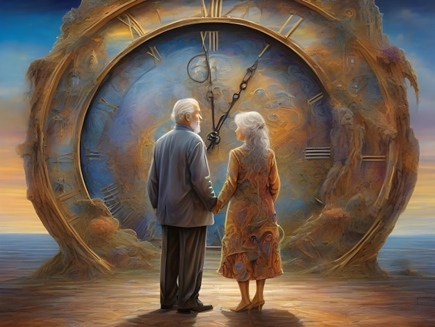 Foto immagine surreale di una persona perduta nel tempo che si trova in lontananza e guarda verso l'enorme orologio