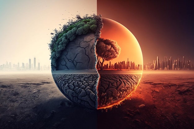 A surreal image of a planet with a tree on it