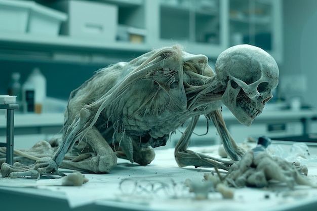 Photo surreal image of skeletal creature in a lab environment evoking mystery and fantasy