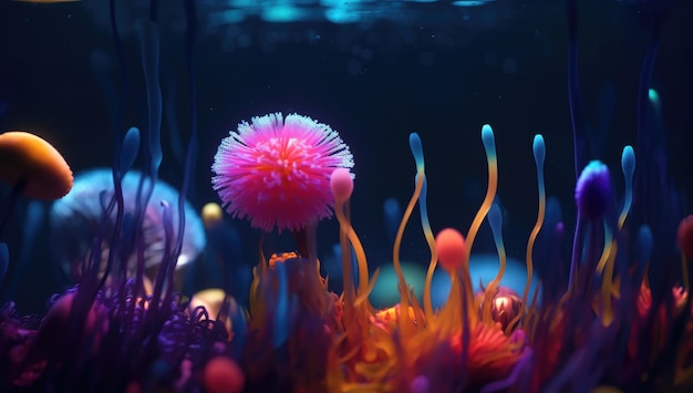 水中ネオンのカラフルな花のシュールなインスタレーション
