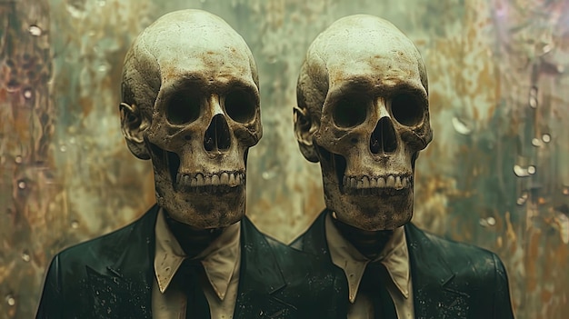 Photo surreal juxtaposition of skeletal figures adorned in sleek suits offering a unique and memorabl