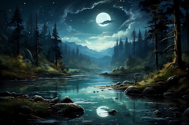 Surreal lake night landscape with moon reflection