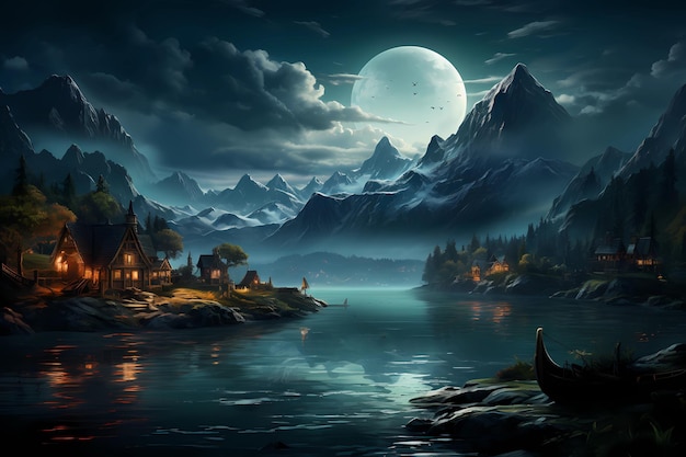 Surreal lake night landscape with moon reflection