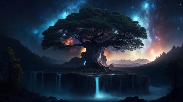 A surreal landscape of a big tree surrounded by a galaxy sky with a dramatic atmosphere of swirling