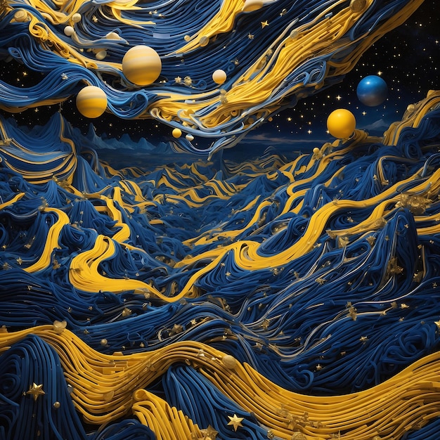 Surreal landscape of blue and yellow lines weaving through a starfilled night sky Ai Generated