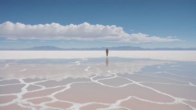 볼리비아의 초현실적인 풍경, Salar de Uyuni, 세계에서 가장 큰 소금 평야, 거대한 푸른 하늘 아래 지평선까지 어