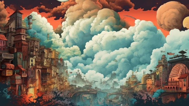 煙雲に浮かぶ超現実的な都市の風景 ファンタジーコンセプト イラスト絵画 ジェネレーティブAI