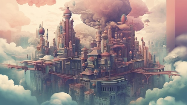 A surreal landscape of a city floating in the clouds Fantasy concept Illustration painting Generative AI