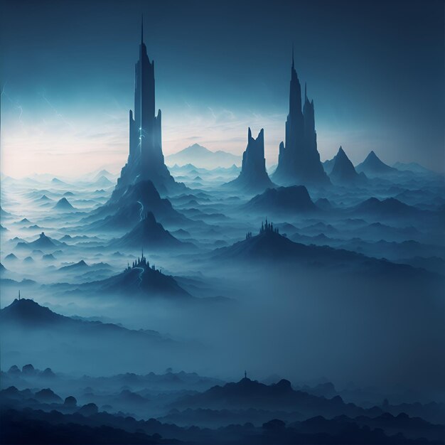 A surreal landscape of a city skyline with a black background and a hint of fog