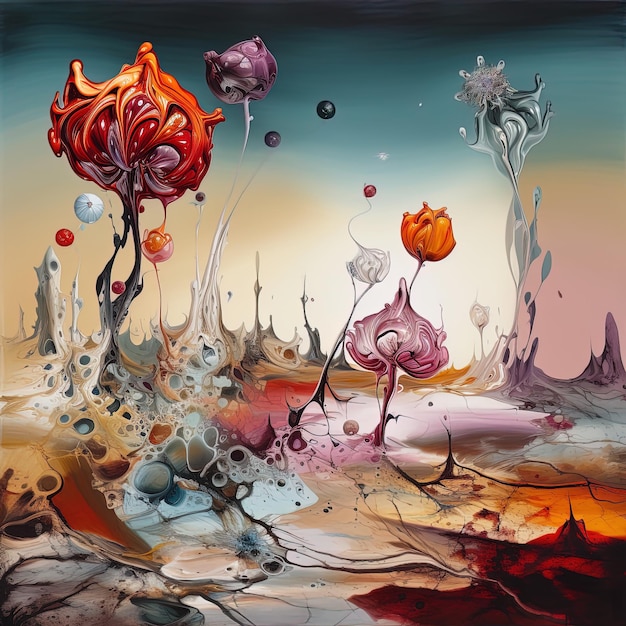 Surreal landscape in fantasy World with strange dreamy flowers illustration generative AI