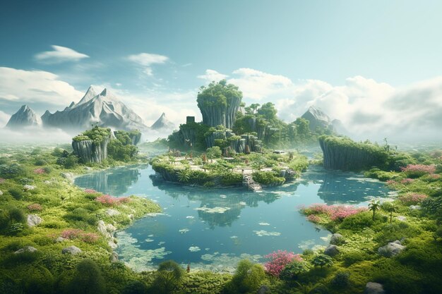 Surreal landscape featuring floating islands Generative ai