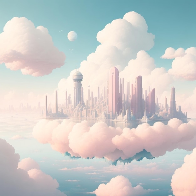 surreal landscape of a floating in the clouds