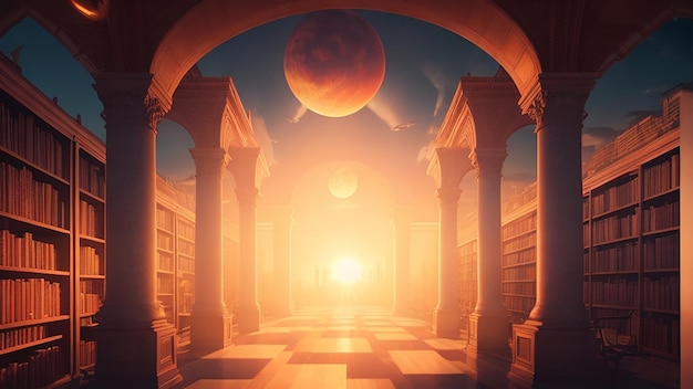 A surreal landscape of a library filled with books of philosophy the sun setting in the background