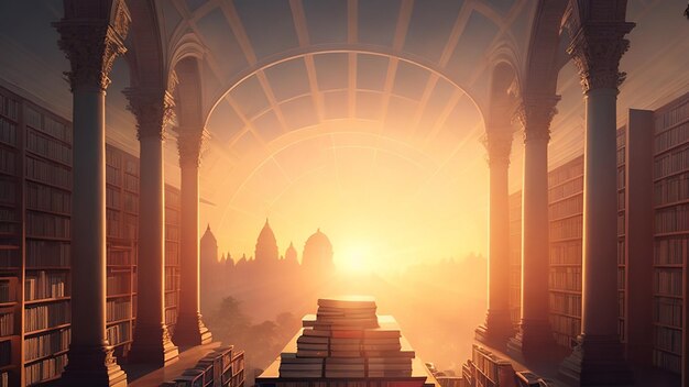 A surreal landscape of a library filled with books of philosophy the sun setting in the background