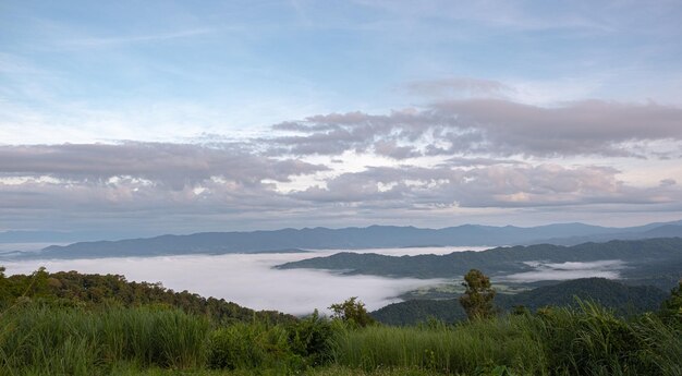 Surreal landscape of morning foggy Morning clouds at sunrise Landscape of fog and mountains of northern Thailand