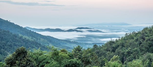 朝の霧のシュールな風景日の出の朝の雲霧と山の風景