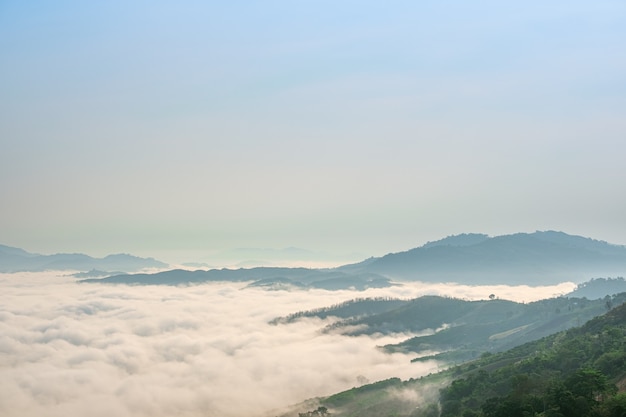 사진 아침 안개의 초현실적인 풍경...일출에 아침 구름입니다.안개와 태국 북부 산의 풍경입니다.