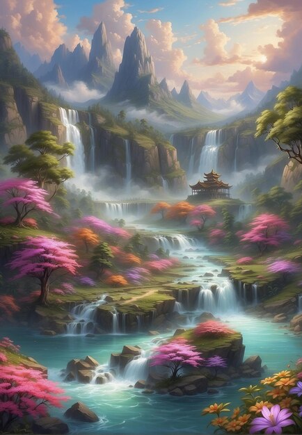 surreal landscape river forest mountains bright colors