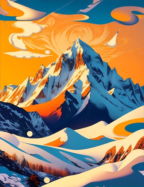 A surreal landscape of snowcapped mountains bathed in a golden sunset