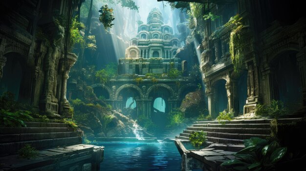 A surreal landscape of a temple with a waterfall and a bridge in the background.