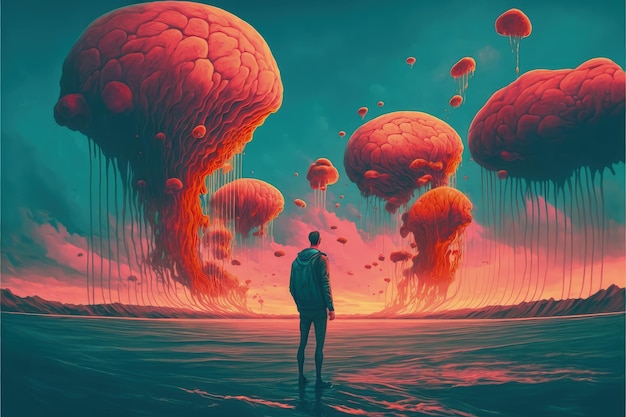 A surreal landscape where a man gazes at enormous jellyfish drifting in the air like clouds Fantasy concept Illustration painting Generative AI