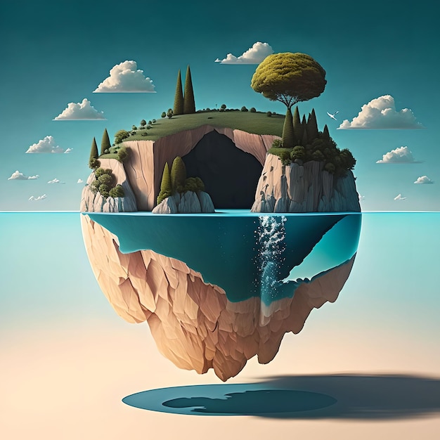 A surreal landscape where the ocean meets the sky with floating islands in between