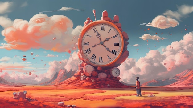 Foto un paesaggio surreale con un grande orologio sul campo concetto di fantasia pittura illustrativa ia generativa