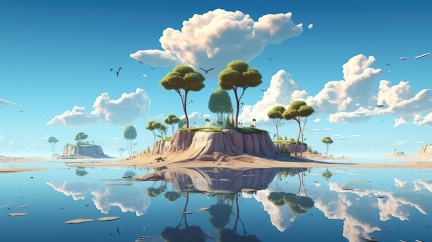 A surreal landscape with floating islands and a blue sky